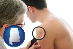 alabama map icon and a dermatologist examines a mole on a male patient