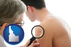 idaho map icon and a dermatologist examines a mole on a male patient