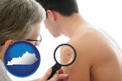 kentucky map icon and a dermatologist examines a mole on a male patient