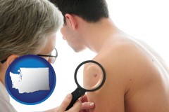 washington map icon and a dermatologist examines a mole on a male patient