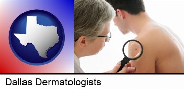 a dermatologist examines a mole on a male patient in Dallas, TX